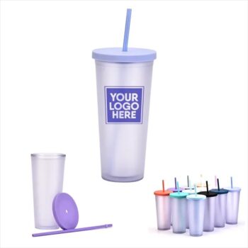 700ml Plastic Double Wall Cup with Straw and Lid