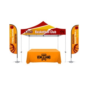 10' X 10' Commercial Grade Steel Frame, Dye Sub Canopy, 11ft Feather Flag, & 6ft Table Throw
